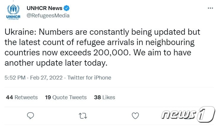 유엔난민기구가 27일(현지시간) 트위터에 우크라이나 전쟁으로 난민 20만명이 발생했다고 밝혔다. 2022.02.27/news1 ⓒ 뉴스1(트위터 갈무리)