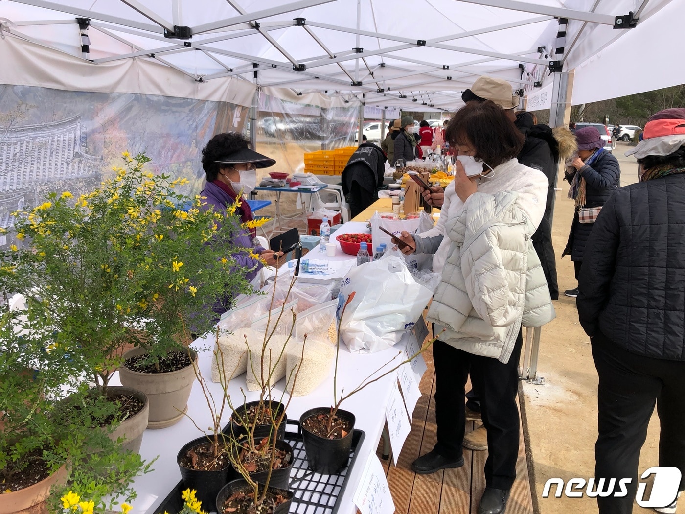 지난 20일 위양지 방문객들이 농특산물 직거래 장터를 둘러보고 있다. (밀양시 제공) ⓒ 뉴스1