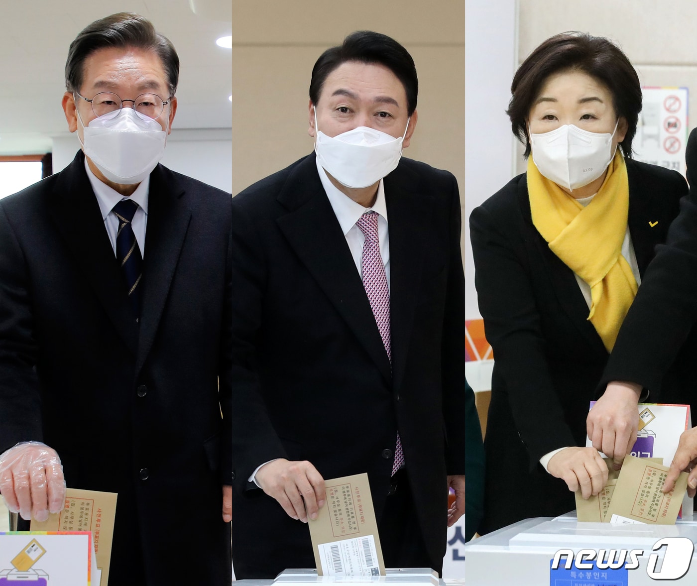 이재명(왼쪽부터) 더불어민주당 대선후보, 윤석열 국민의힘 대선후보, 심상정 정의당 대선후보가 제20대 대통령 선거 사전투표 첫날인 4일 오전 서울 중구 소공동 주민센터, 부산 남구청, 서울 종로구 혜화동 주민센터에 마련된 사전투표소를 각각 찾아 투표하고 있다. 2022.3.4/뉴스1 ⓒ News1 이승배 기자