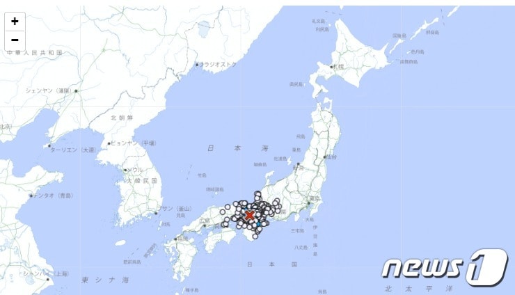 2일(현지시간) 밤 10시21분쯤 일본 교토 남부에서 규모 4.4 지진이 발생했다. ⓒ 뉴스1 (일본 기상청 캡처)