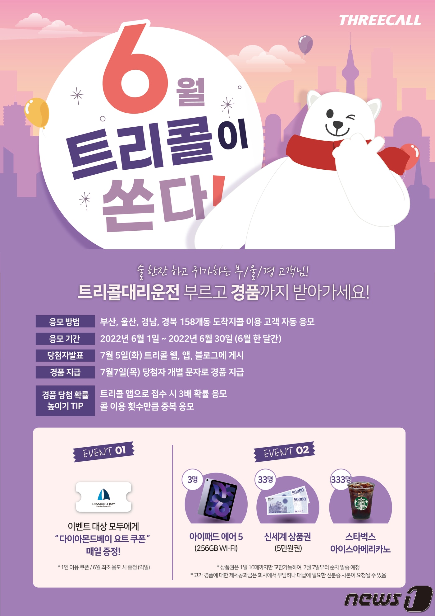 트리콜 대리운전이 부산·울산·경남·경북지역을 대상으로 경품 이벤트를 진행한다. 사진은 관련 행사 안내 포스터.(삼주 트리콜 제공)ⓒ 뉴스1