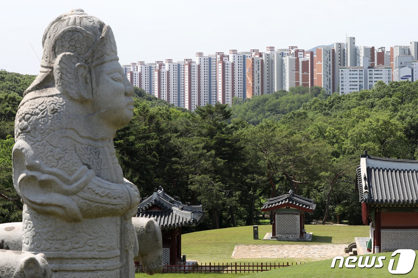 유네스코 세계문화유산인 김포 장릉 인근에 문화재청의 허가 없이 건설돼 논란이 일었던 이른바 '왕릉뷰 아파트'의 모습. (뉴스1 DB) /뉴스1 ⓒ News1 민경석 기자