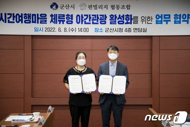 펀빌리지 협동조합 김은주 이사장(사진 왼쪽)과 황철호 군산시 부시장이 8일 군산시청에서 시간여행마을 체류형 야간관광 활성화를 위한 협약을 체결하고 있다.ⓒ 뉴스1