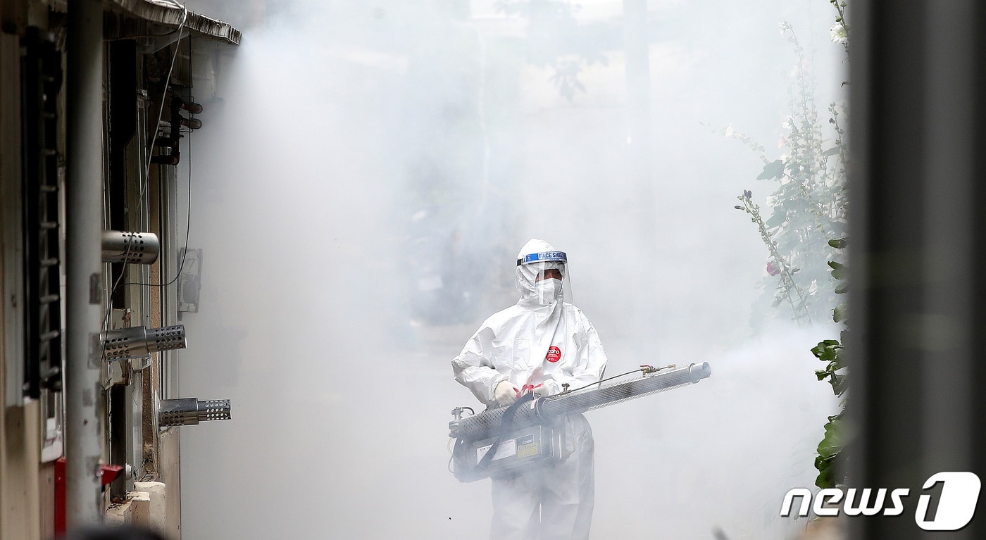 서울 은평구 갈현로 인근 주택가에서 구청 관계자들이 사랑벌레 관련 긴급 방역에 나서고 있다. 2022.7.4/뉴스1 ⓒ News1 임세영 기자