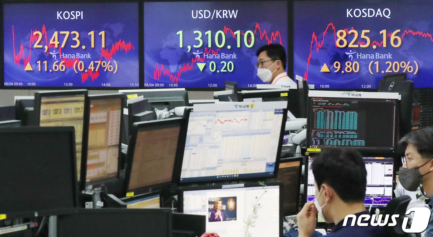 4일 오후 서울 중구 하나은행 딜링룸 전광판. 2022.8.4/뉴스1 ⓒ News1 민경석 기자