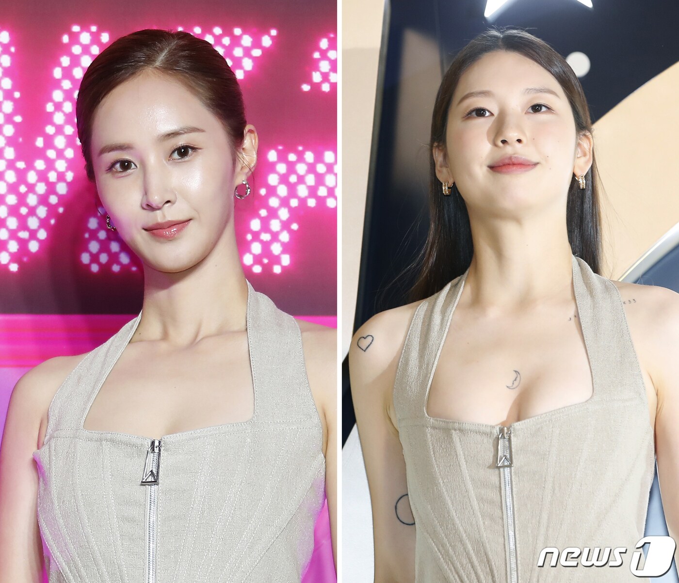 소녀시대 유리와 모델 김진경&#40;오른쪽&#41;이 같은 드레스를 입고 각각 매력을 발산하고 있다. ⓒ News1 권현진 기자