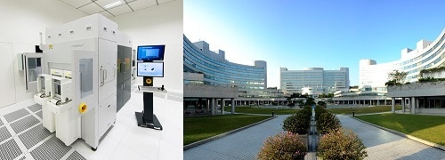 EVG의 LITHOSCALE&reg; 마스크리스 노광 리소그래피 설비 (좌) 및 ITRI 대만 본사 전경 (우) (EV Group 제공)