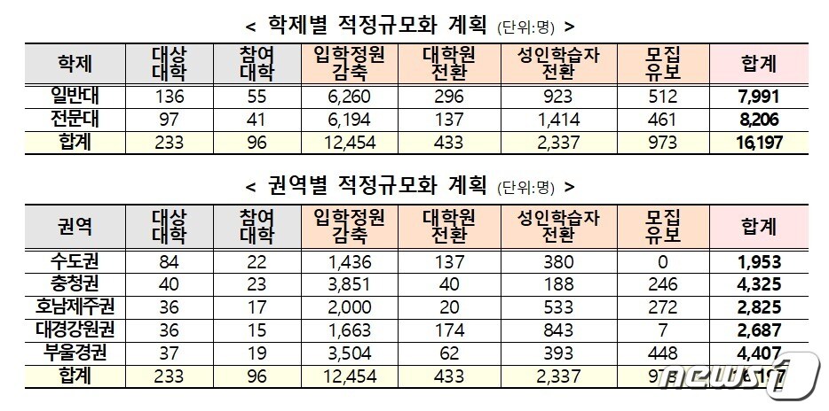 대학 적정규모화 계획(2022~2025) 현황. (교육부 제공)