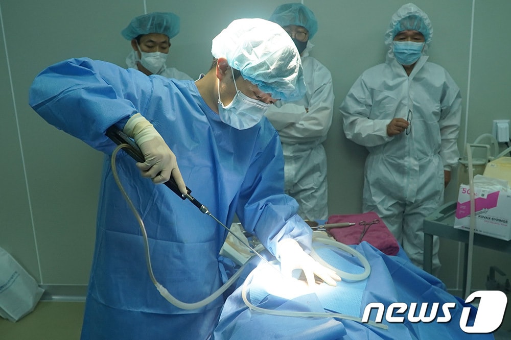 365mc가 KAIST와 공동개발한 초고효율 지방흡입 캐뉼라 효과 검증을 위한 돼지 동물실험을 지난달 31일 오송 생명과학단지에서 진행했다. 사진을 실제 지방흡입 수술을 돼지에게 실행하고 있는 365mc병원 정진묵 원장. (사진제공 365mc)