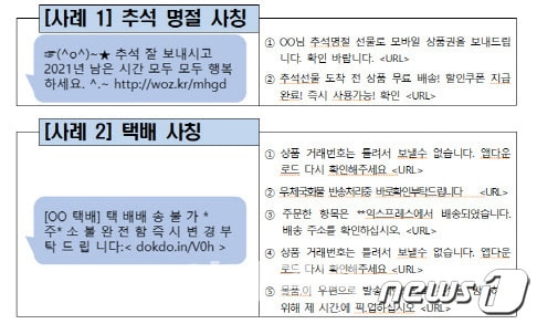  추석을 틈타 잇따를 것으로 보이는 택배 사칭 문자&#40;금융감독원 홈페이지 갈무리&#41; 