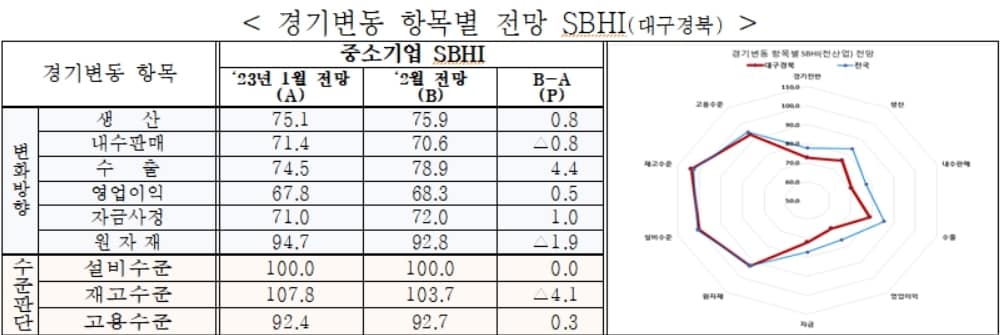 대구·경북 경기변동 항목별 전망 SBHI