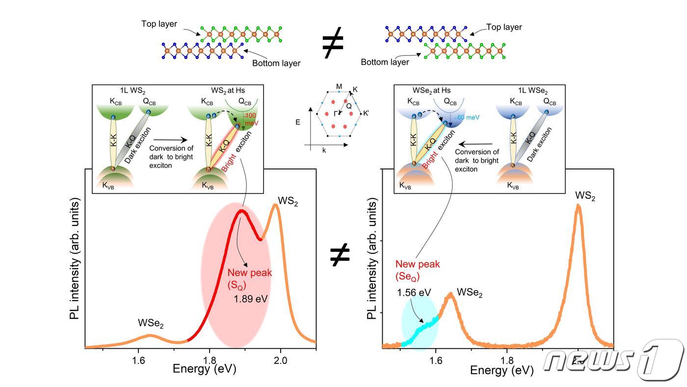 두 개의 단일층 반도체 물질을 적층 시 발생하는 다크 엑시톤 도식도 및 발생하는 엑시톤.&#40;IBS 제공&#41;/뉴스1