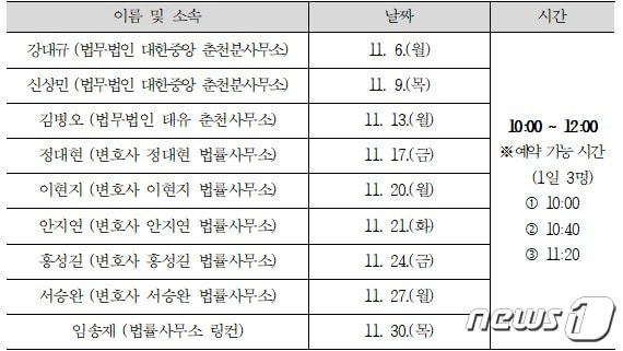 춘천시, 무료법률상담 서비스 일정.(춘천시 제공)
