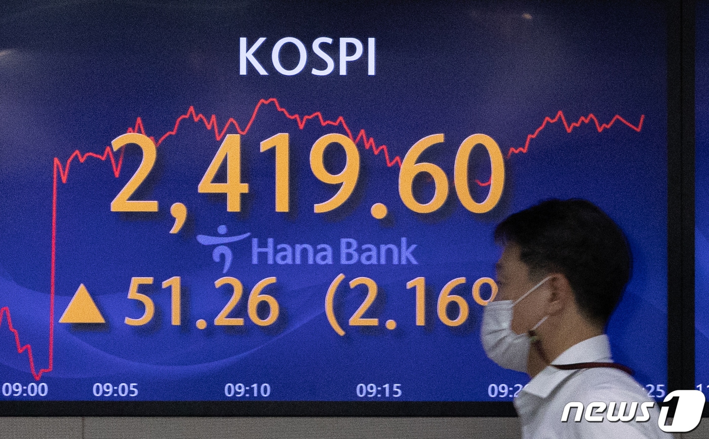 공매도 일시 중단 첫 날인 6일 오전 서울 중구 하나은행 명동점 딜링룸에 개장 시황이 표시되고 있다. 이날 오전 9시5분 기준 코스피 지수는 전 거래일 종가 대비 48.23p&#40;0.30%&#41; 오른 2,416.57, 코스닥 지수는 25.68p&#40;3.28%&#41; 상승한 807.73, 달러·원 환율은 14.4원 내린 1,308.0원으로 장을 이어가고 있다. 2023.11.6/뉴스1 ⓒ News1 이재명 기자