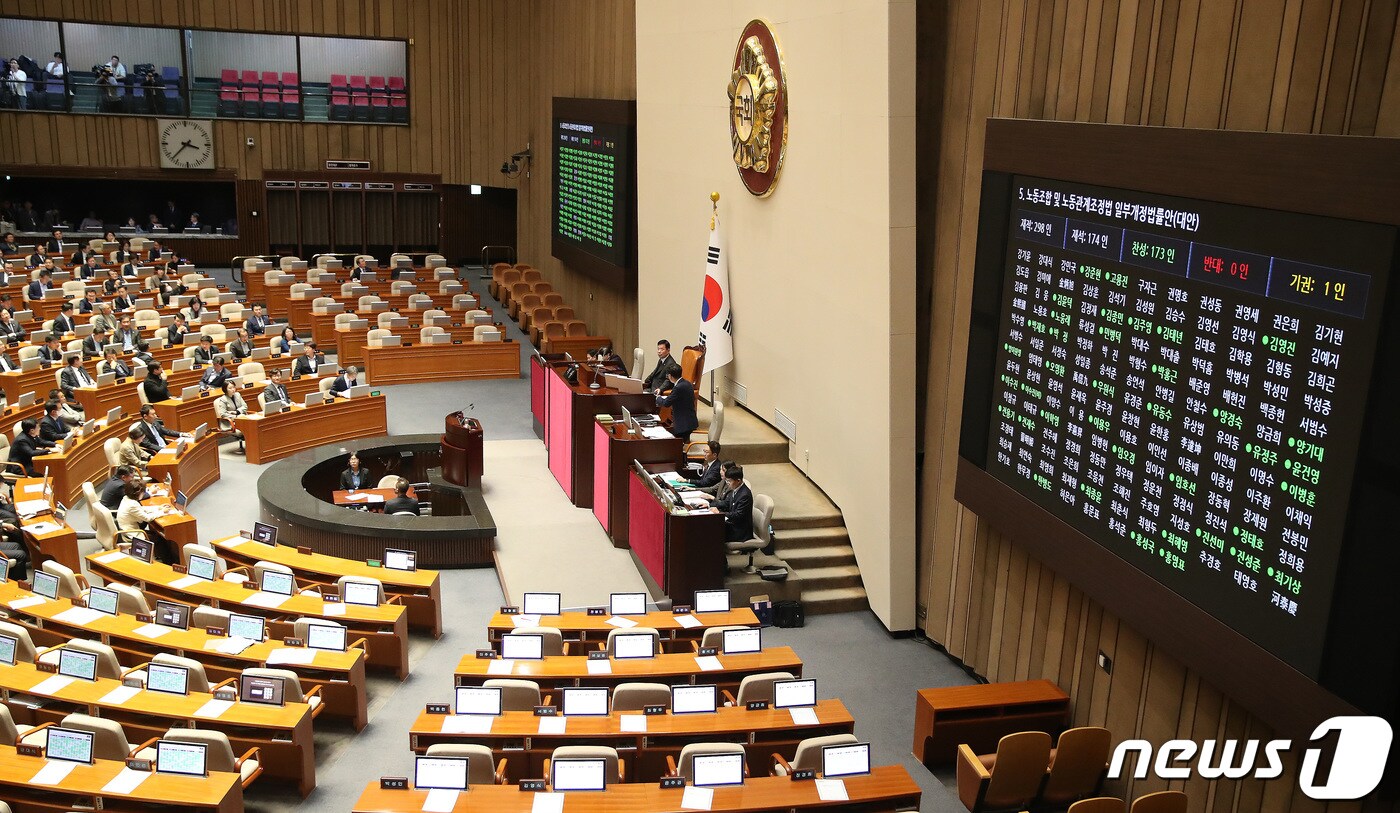 9일 오후 서울 여의도 국회에서 열린 제410회 국회&#40;정기회&#41; 제11차 본회의에서 노동조합 및 노동관계조정법 일부개정법률안&#40;대안&#41; 일명 노란봉투법이 재적 298, 재석 174인, 찬성 173인, 반대 0인, 기권 1인으로 가결되고 있다. 2023.11.9/뉴스1 ⓒ News1 임세영 기자