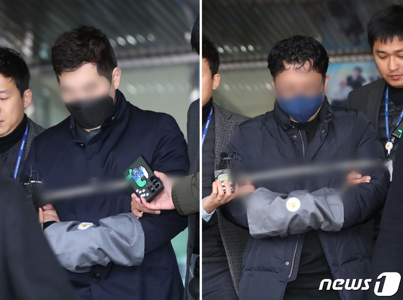 '아로와나토큰 비자금 조성 의혹'을 받고 있는 김상철 한글과컴퓨터(한컴) 회장의 아들 김모씨(왼쪽)와 아로와나토큰 발행 업체 대표 A씨가 13일 오전 경기 수원시 영통구 수원남부경찰서에서 검찰로 송치되고 있다. 2023.12.13/뉴스1 ⓒ News1 김영운 기자