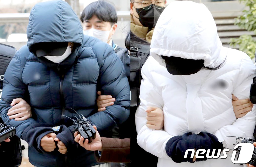 초등학교 5학년 아들을 학대해 숨지게 한 혐의로 체포된 친부(왼쪽)와 계모(오른쪽)가 10일 오후 구속 전 피의자 심문(영장실질심사)를 받기 위해 인천지방법원에 출석하고 있다. 2023.2.10/뉴스1 ⓒ News1 정진욱 기자