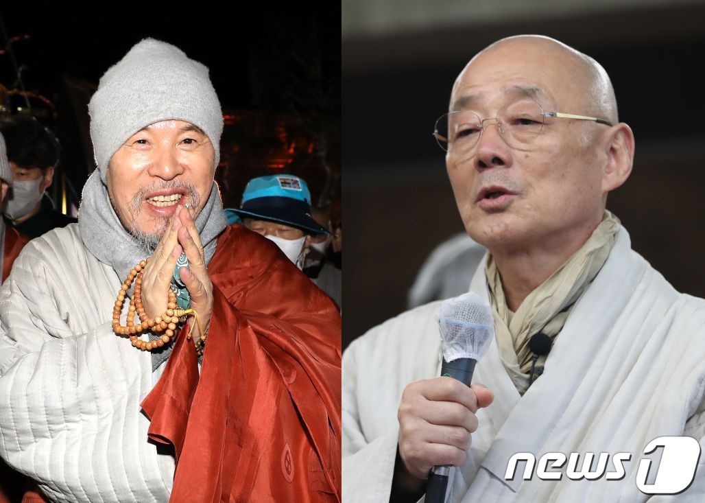 전 총무원장 자승스님(왼쪽)과 승적박탈 무효 소송을 건 명진스님 @뉴스1 DB