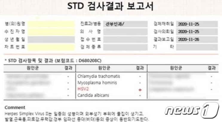 한 여성이 '나는 솔로' 남성 출연자로부터 성병을 옮았다고 주장하며 검사 결과 보고서를 공개했다. (온라인 커뮤니티 갈무리)