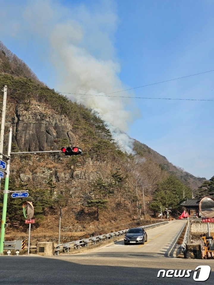 23일 오후 3시28분쯤 경북 봉화군 명호면의 야산에서 원인을 알 수 없는 불이 나 산림당국이 진화에 나섰다.&#40;산림청 제공&#41;/뉴스1