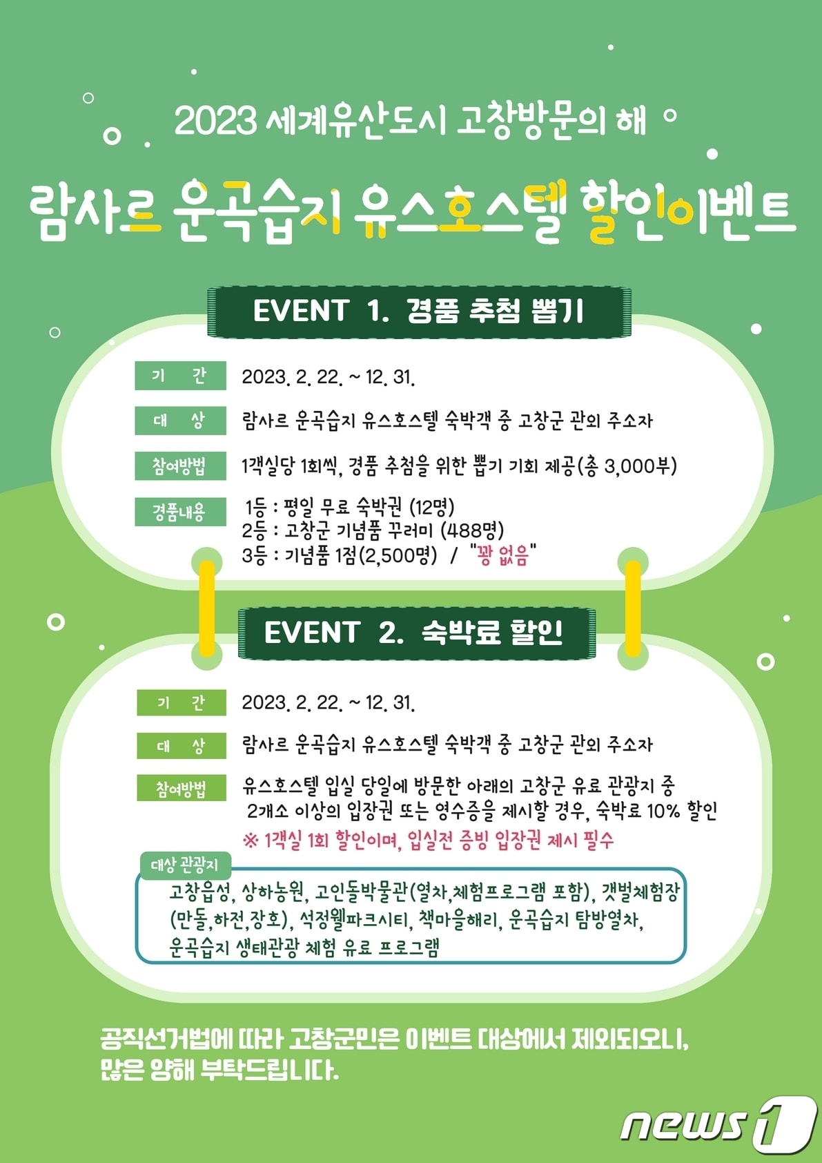  전북 고창군 ‘람사르운곡습지 유스호스텔’이 고창 방문의해 맞이 ‘경품추첨’ 등 특별 이벤트를 준비했다.(고창군 제공)2023.2.23/뉴스1