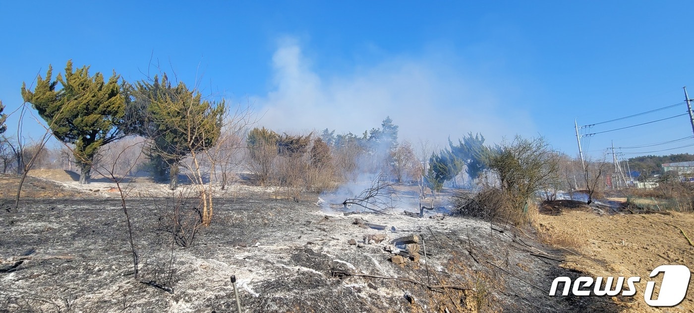 5일 오후 2시 44분쯤 경북 영천시 대창면 사리리 야산에서 원인을 알수 없는 산불이 발생했다. (경북소방본부 제공)2023.2.5/뉴스1