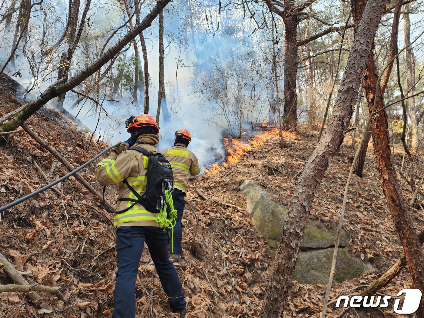 산림당국이 경북 안동시 도산면 의일리에서 발생한 산불 진화를 위해 대응 1단계를 발령하고 산불전문진화헬기 등 16대를 투입 진화작업을 벌이고 있다.&#40;경북소방본부제공&#41;2023.3.21/뉴스1 