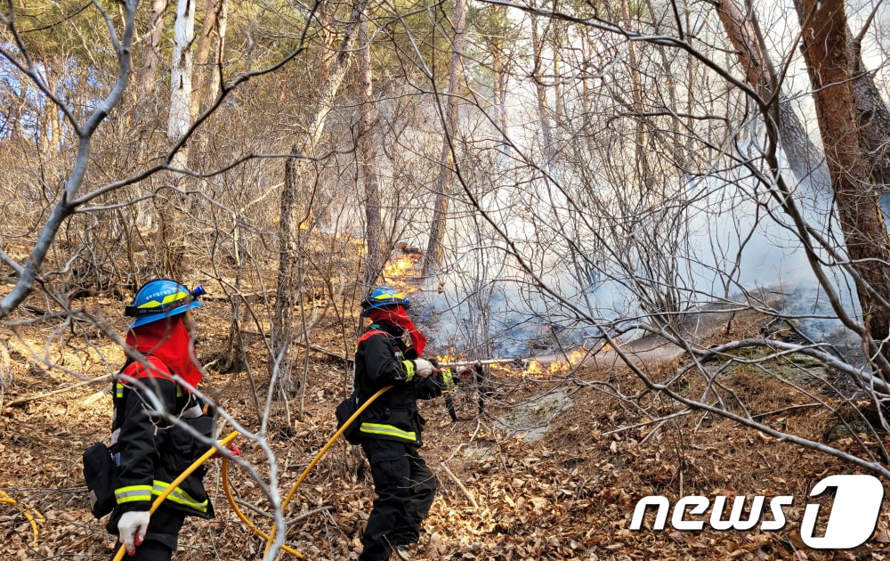 7일 오후 2시 11분쯤 경북 칠곡군 지천면 용산리 한 야산에서 산불이 발생해 출동한 산림청 진화대원들이 진화작업을 하고 있다.&#40;산림청 제공&#41; 2023.3.7/뉴스1 ⓒ News1 정우용 기자