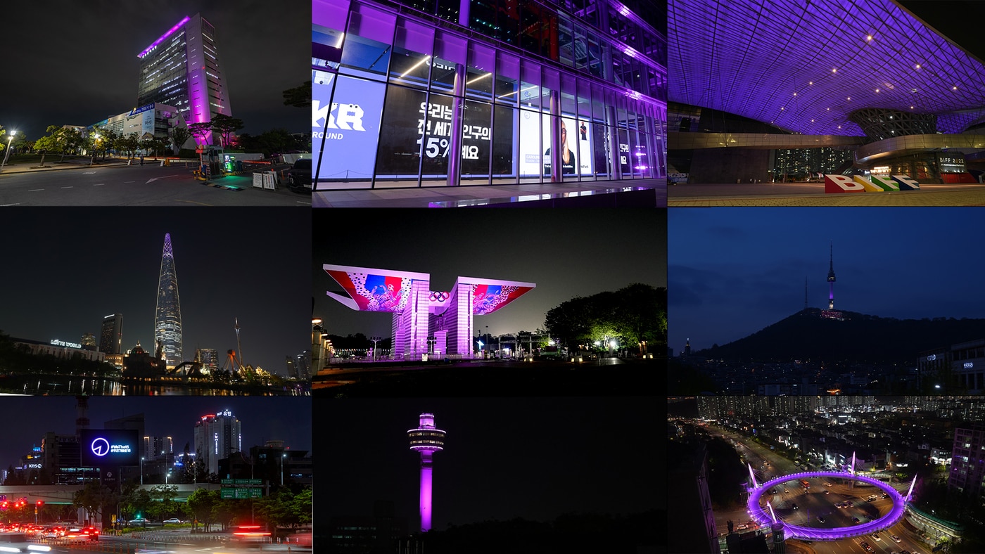 '#WeThe15(위더피프틴)' 보랏빛 점등행사를 실시한 광주광역시청, 한국관광공사 서울센터 하이커그라운드, 부산 영화의전당, 롯데월드타워, 올림픽공원 평화의문, 남산서울타워, 광주 빛고을대로. 구리타워, 충남 천안시 불당동 원형육교(좌상단부터) (대한장애인체윤회 제공)