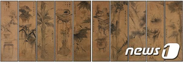 장승업, &lt;기명절지도 10폭 병풍&gt;, 조선 19세기, 비단에 채색, 각29&times;105cm&#40;10&#41; &#40;OCI미술관 제공&#41;2023.4.22/