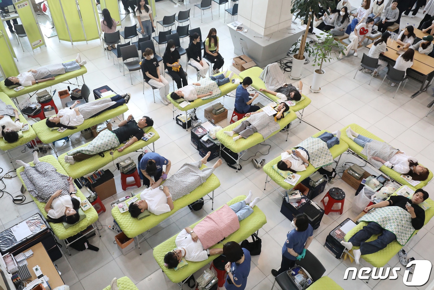 16일 오전 대구 북구 태전동 대구보건대에서 열린 '제25회 헌혈 사랑 나눔 축제'를 찾은 학생들이 헌혈에 동참하고 있다. 2023.5.16/뉴스1 ⓒ News1 공정식 기자