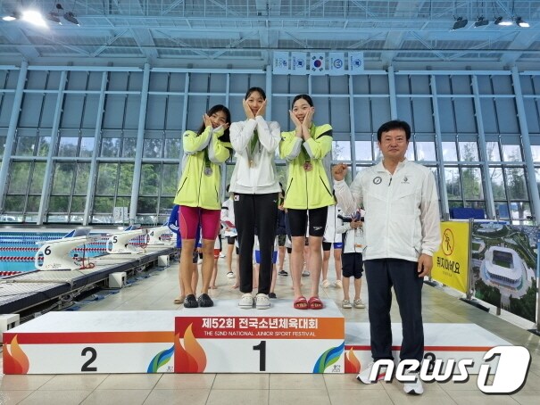 정강선 전북체육회장(사진 맨 오른쪽)이 전국소년체전 수영종목에 출전한 전북선수를 격려하고 있다.(전북체육회 제공)/뉴스1