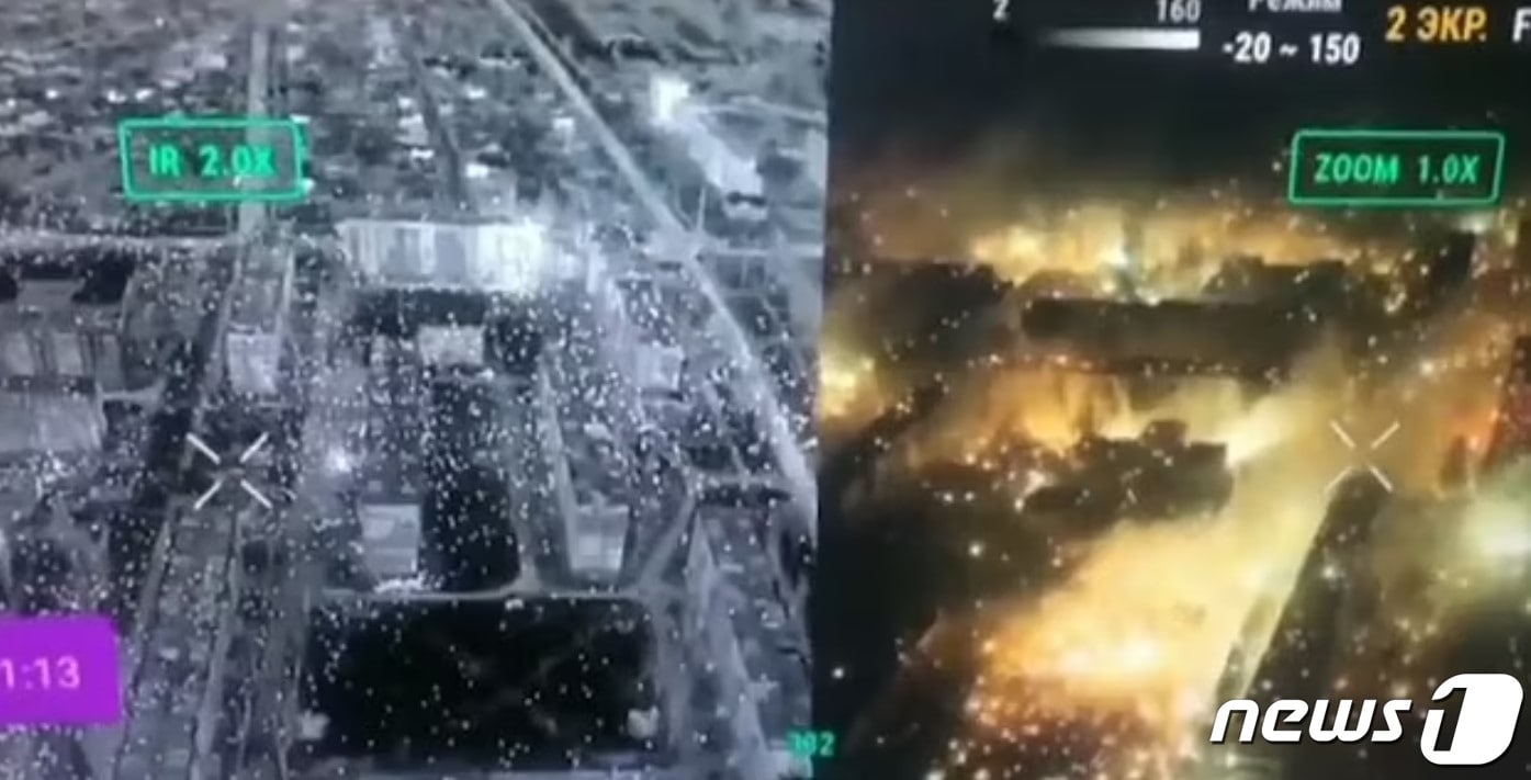 우크라이나 국방부는 트위터에 드론으로 촬영된 영상을 공개하면서 소이탄이 바흐무트의 점령되지 않은 지역을 겨냥했다고 밝혔다.(BBC 갈무리).