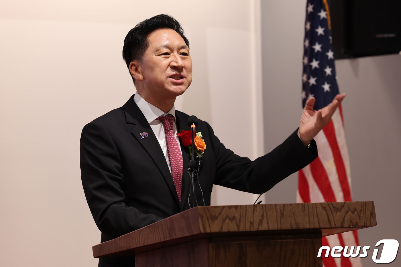 김기현 국민의힘대표가 10일(현지시간) 미국 워싱턴DC 코리안커뮤니티센터에서 열린 동포 정책간담회에서 인사말을 하고 있다. (국민의힘 제공) 2023.7.11/뉴스1 ⓒ News1 송원영 기자