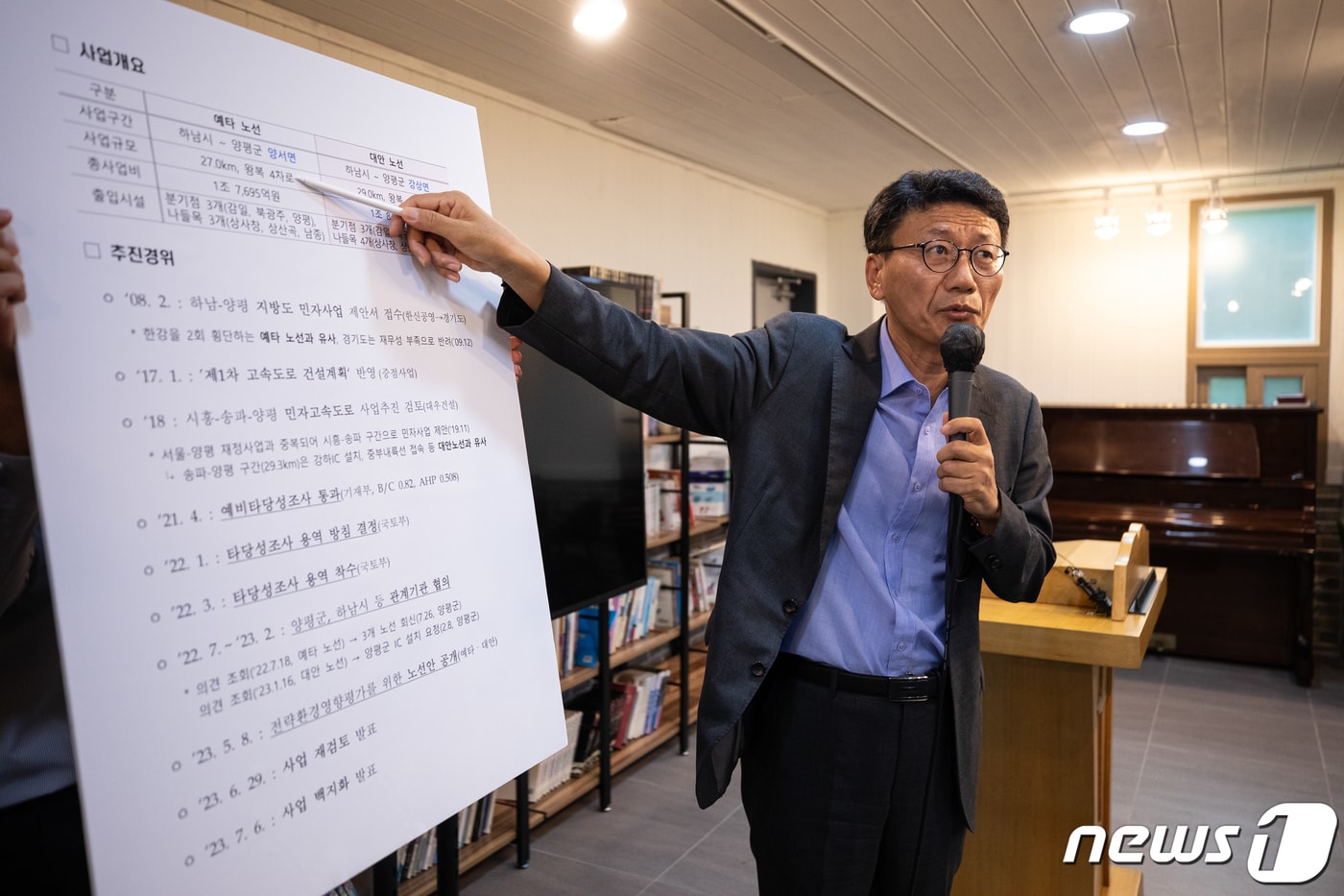 이용욱 국토교통부 도로국장이 13일 경기 양평군 양서면 서울-양평고속도로 예타 노선(원안) 종점 JC 인근에서 출입기자단에게 사업 관련 내용을 설명하고 있다. 2023.7.13/뉴스1 ⓒ News1 유승관 기자