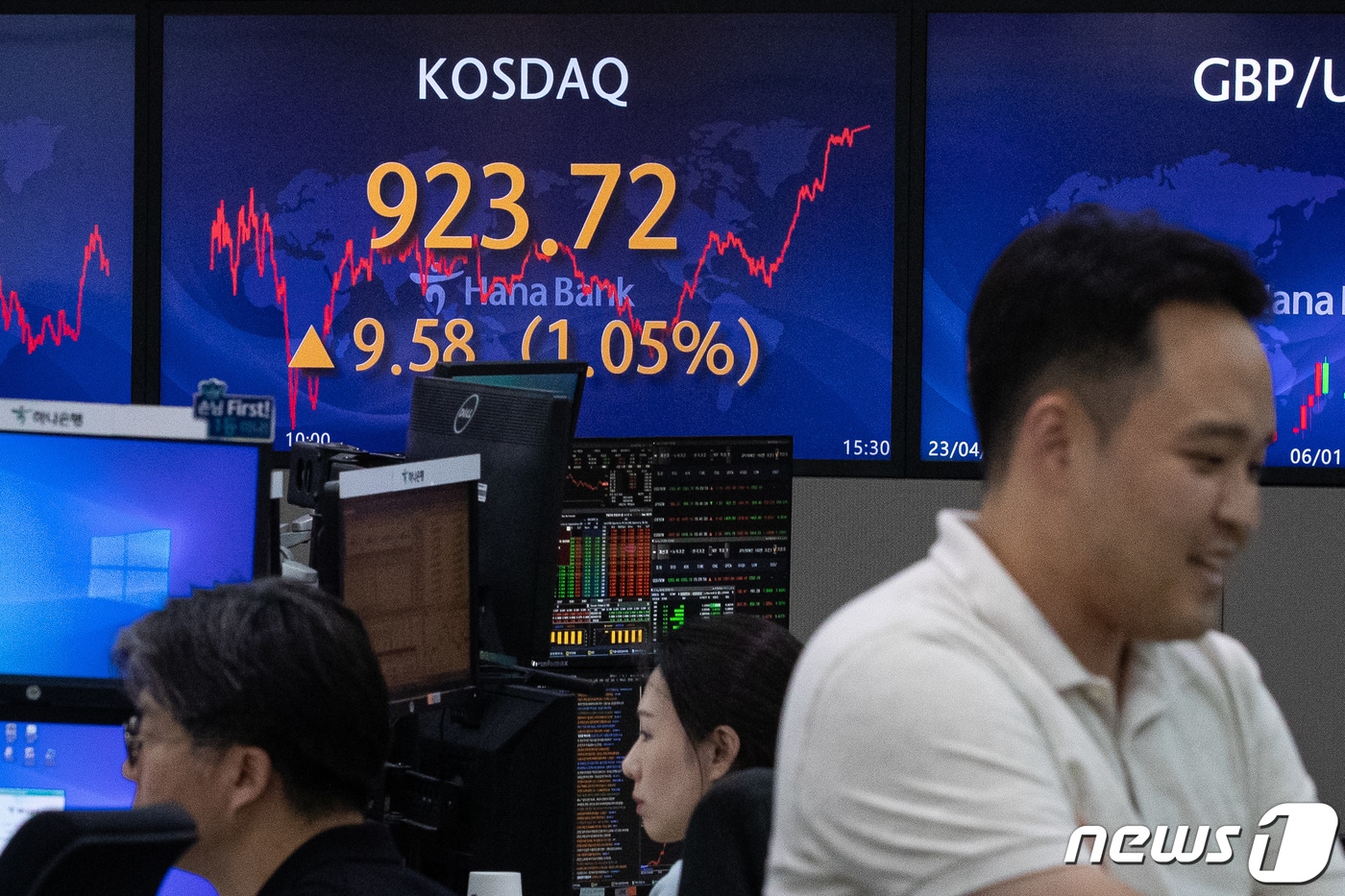 19일 서울 중구 하나은행 명동점 딜링룸 전광판에 코스닥 지수가 전 거래일 대비 9.58포인트(1.05%) 상승한 923.72를 나타내고 있다. 이날 코스피는 전일 대비 0.62포인트(0.02%) 상승한 2608.24, 달러/원 환율은 전날보다 5.2원 오른 1265.6원으로 거래를 마쳤다. 2023.7.19/뉴스1 ⓒ News1 유승관 기자