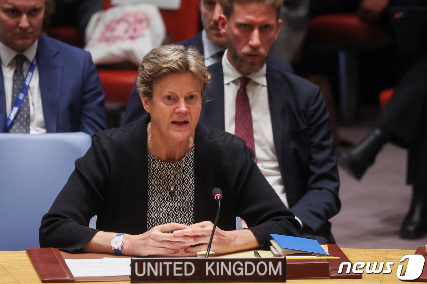 바바라 우드워드 유엔 주재 영국 대사가 지난 4월 뉴욕 유엔본부에서 열린 유엔 안전보장이사회 회의에서 발언하고 있다. 2023.4.24. ⓒ 로이터=뉴스1 ⓒ News1 김성식 기자