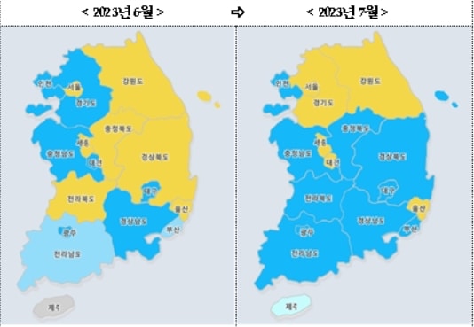 7월 전국 주택매매시장 소비심리지수. 인포그래픽의 파란색은 보합, 노란색은 상승을 나타낸다.