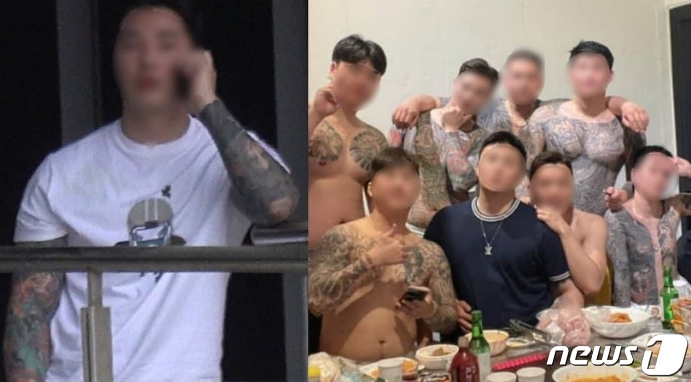 롤스로이스 차주이자 가해자 신모씨(왼쪽)와 'MT5' 조직원들 추정 남성들. (유튜브 '카라큘라 탐정사무소' 갈무리)