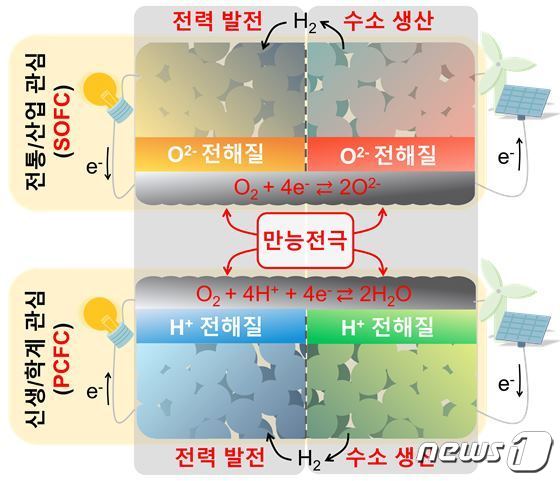 신소재 전극이 적용된 고성능 산소이온 전도성 고체산화물 연료전지(SOFC)와 프로토닉 세라믹 연료전지(PCFC)의 구동 모식도(KAIST 제공)/뉴스1