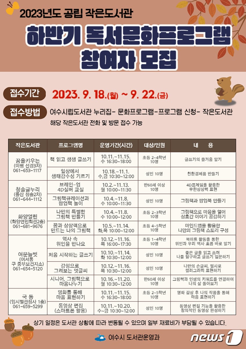 여수시 하반기 독서문화프로그램 홍보 포스터.&#40;여수시 제공&#41;2023.9.15/뉴스1