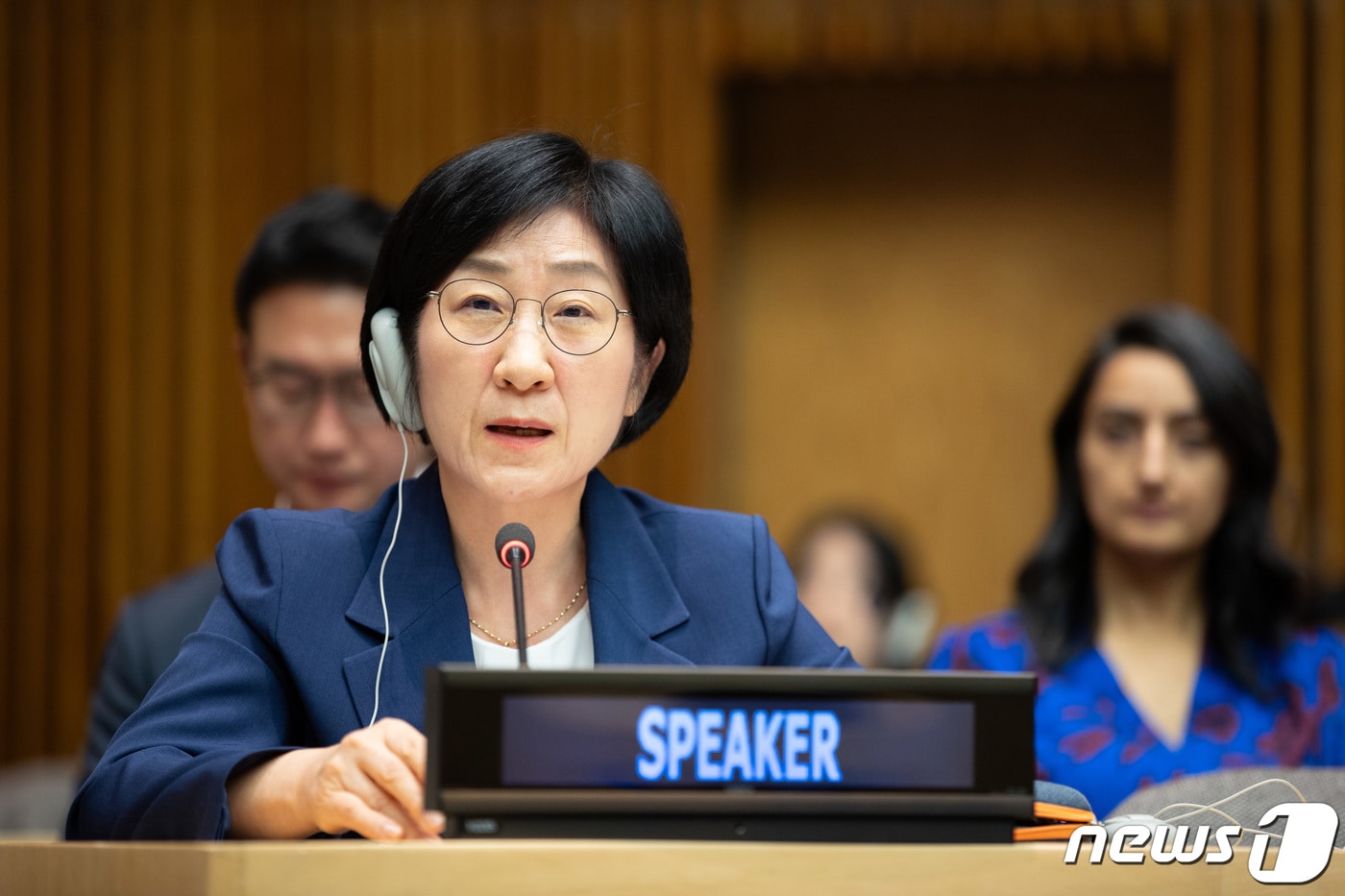 한화진 환경부 장관이 20일(현지시간) 오후 미국 뉴욕 UN본부에서 열린 ‘UN기후목표정상회의’ 고위급세션에서 협력 및 이행을 통한 탈탄소화 가속화 방안에 대해 발언하고 있다. (환경부 제공) 2023.9.21/뉴스1