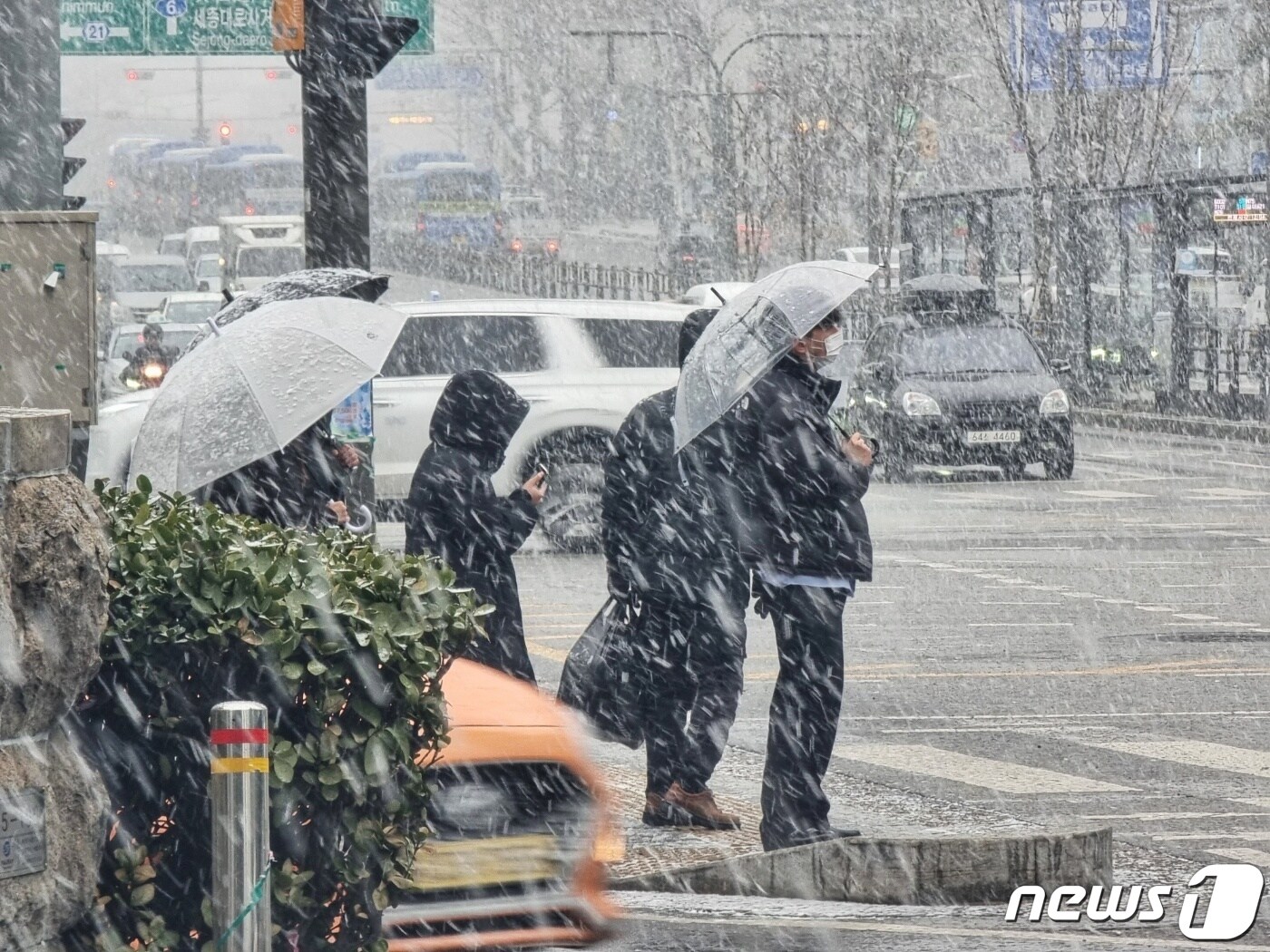 전국 대부분 지역에 눈이 내릴 것으로 예보된 17일 오후 서울 서대문구 서대문역 인근에서 시민들이 함박눈을 맞으며 이동하고 있다. 2024.1.17/뉴스1 ⓒ News1 권현진 기자 ⓒ News1 황덕현 기후환경전문기자