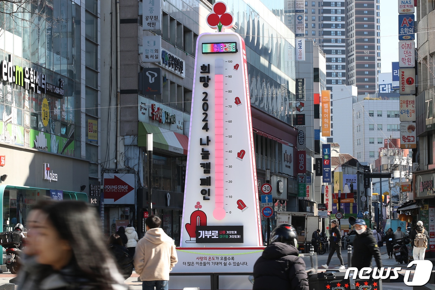 고환율과 고물가 등에 따른 경기 침체로 연말 대구지역 사회의 '희망2026나눔캠페인' 참여가 저조한 가운데 대구 기업이 '나눔 불씨'를 살기 위해 불황 속에서도 거액을 잇달아 기부했다. 사진은 2024년 1월 대구 동성로에 설치된 사랑의 온도탑. 2024.1.24/뉴스1 ⓒ News1 자료 사진