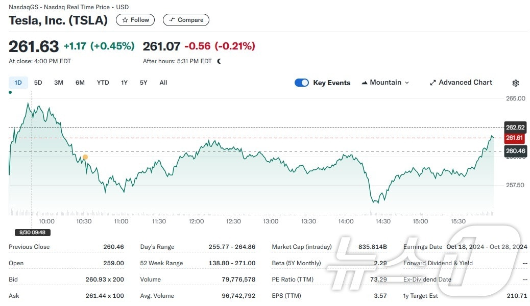 테슬라 일일 주가추이-야후 파이낸스 갈무리