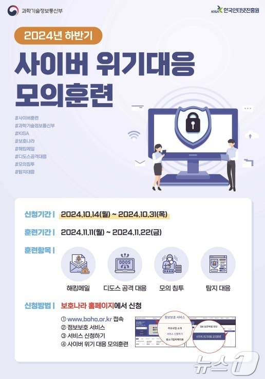 한국인터넷진흥원(KISA)이 '24년 하반기 사이버 위기 대응 모의훈련'에 참여할 기업을 공개 모집한다. (KISA 제공) 2024.10.14 /뉴스1