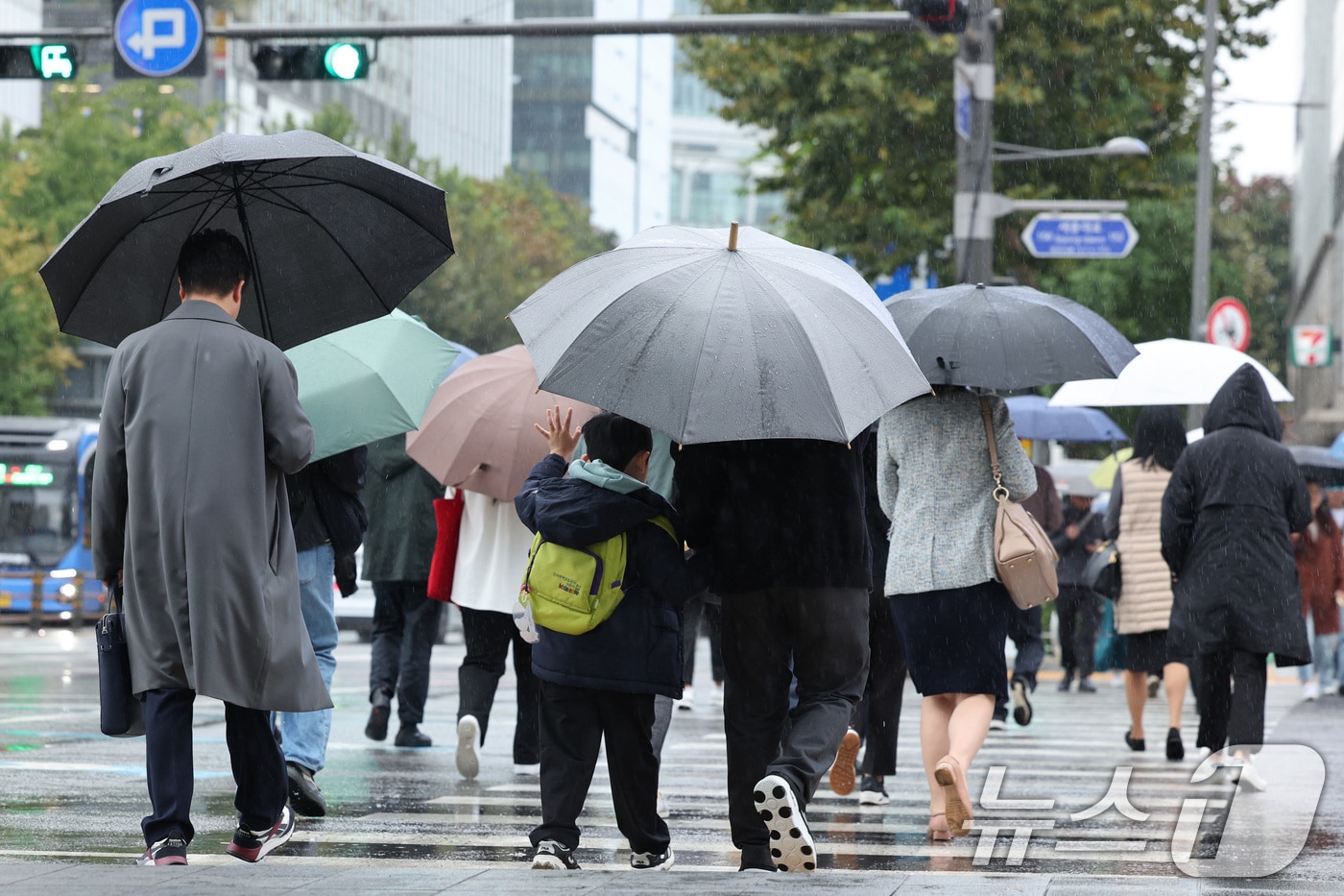 전국적으로 가을비가 내린 22일 서울 광화문네거리에서 아빠와 함께 우산을 쓴 어린이가 손을 들고 횡단보도를 건너고 있다. 2024.10.22/뉴스1 ⓒ News1 신웅수 기자