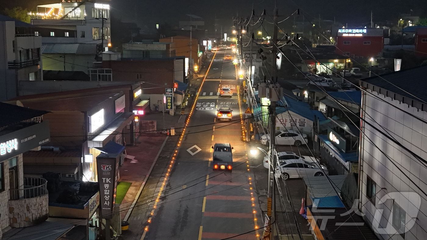 대구 달성군 동곡리 칼국수 거리 280m 구간에 설치된 태양광 발광다이오드&#40;LED&#41; 도로표지병. &#40;대구 달성군 제공&#41;