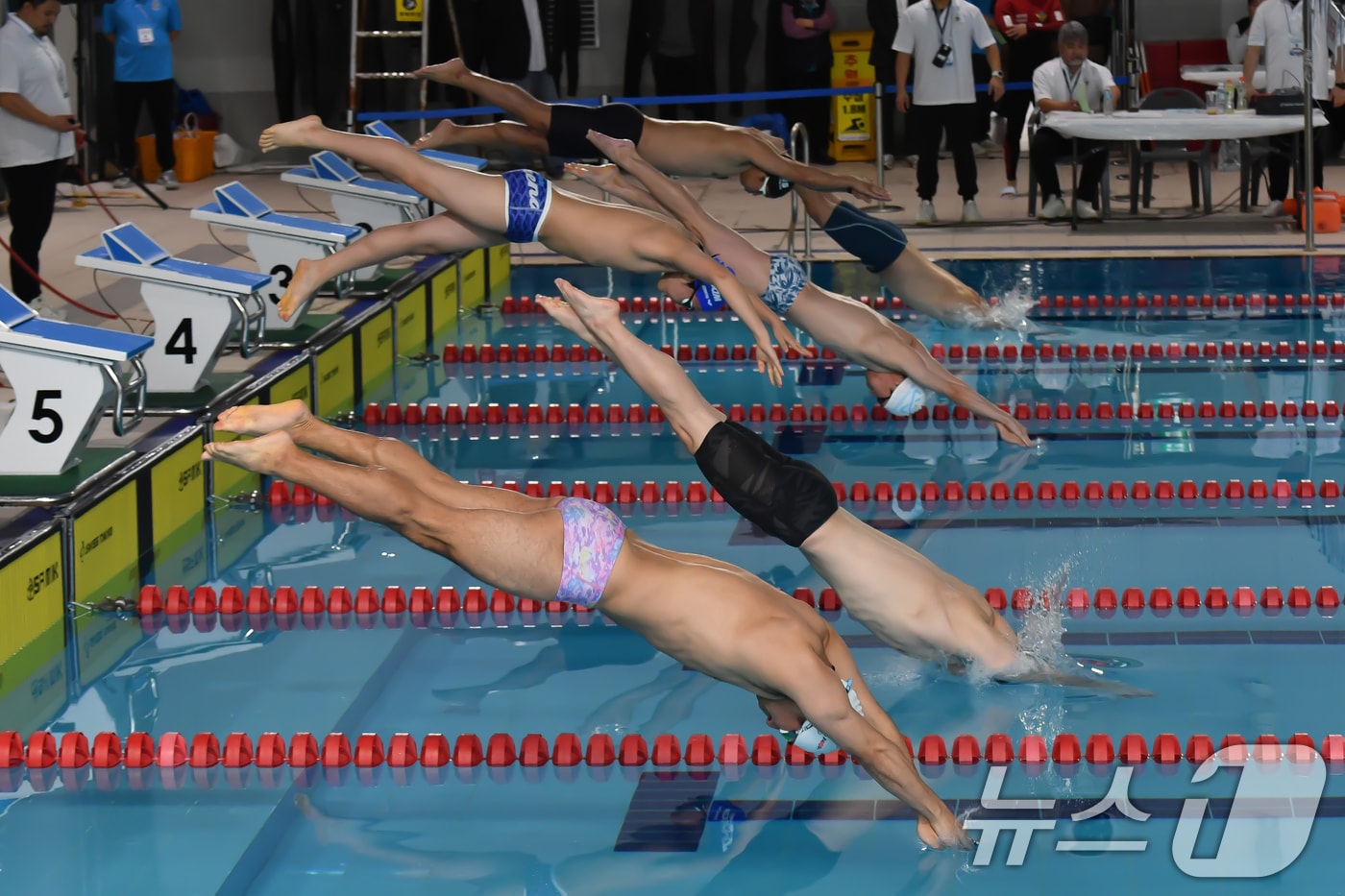 27일 경북 포항시 실내체육관에서 열린 2024 제1회 수상구조사 대회에서 100m 장애물 수영 종목에 출전한 수상구조사들이 출발 신호에 맞춰 뛰어들고 있다. 이날 대회는 전국에서 활동 중인 수상구조사 등 150여명이 100m장애물, 50m마네킹 운반, 수상구조사 영법 종목에서 실력을 겨뤘다. 2024.10.27/뉴스1 ⓒ News1 최창호 기자