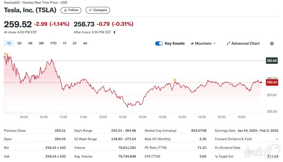 테슬라 일일 주가추이 - 야후 파이낸스 갈무리